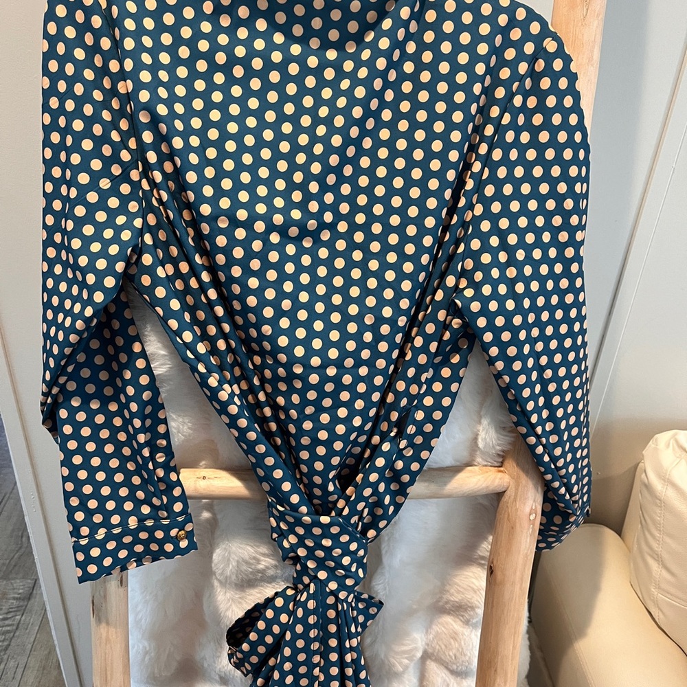 SHEIN Teal and Cream Polka Dot Wrap Midi Dress - Picture 3 of 3